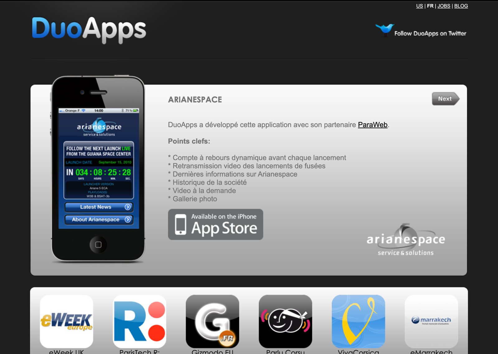 The DuoApps website: the DuoApps logo, then an iPhone showing an app built by the company, a launch countdown for a space company, and below it a row of app icons from its portfolio.