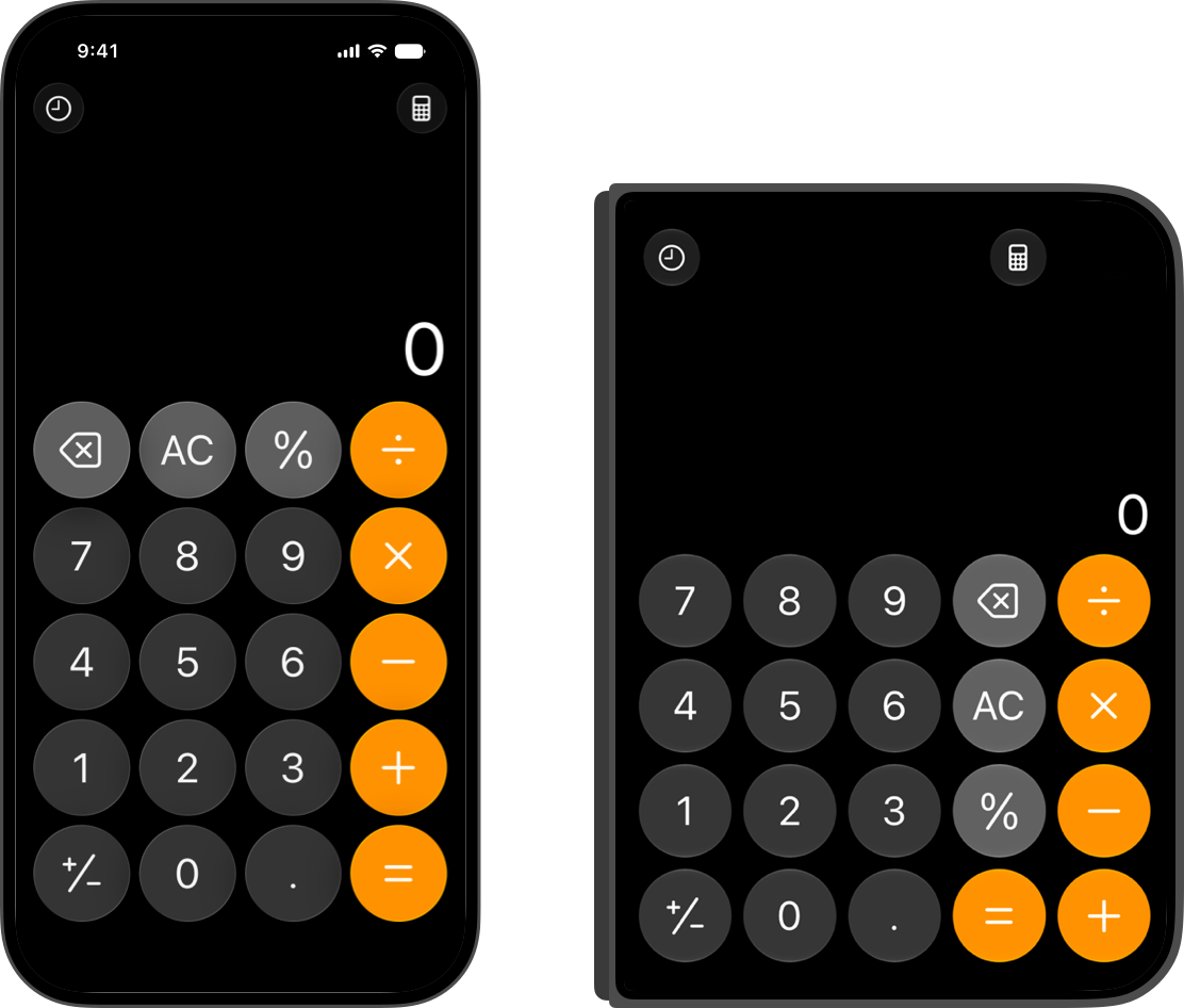 Two screenshots of Calculator side by side. On the left, on iPhone 16 in portrait, the keypad has four columns of five keys. On the right, on the outer display of iPhone Duo, it has five columns of four keys.