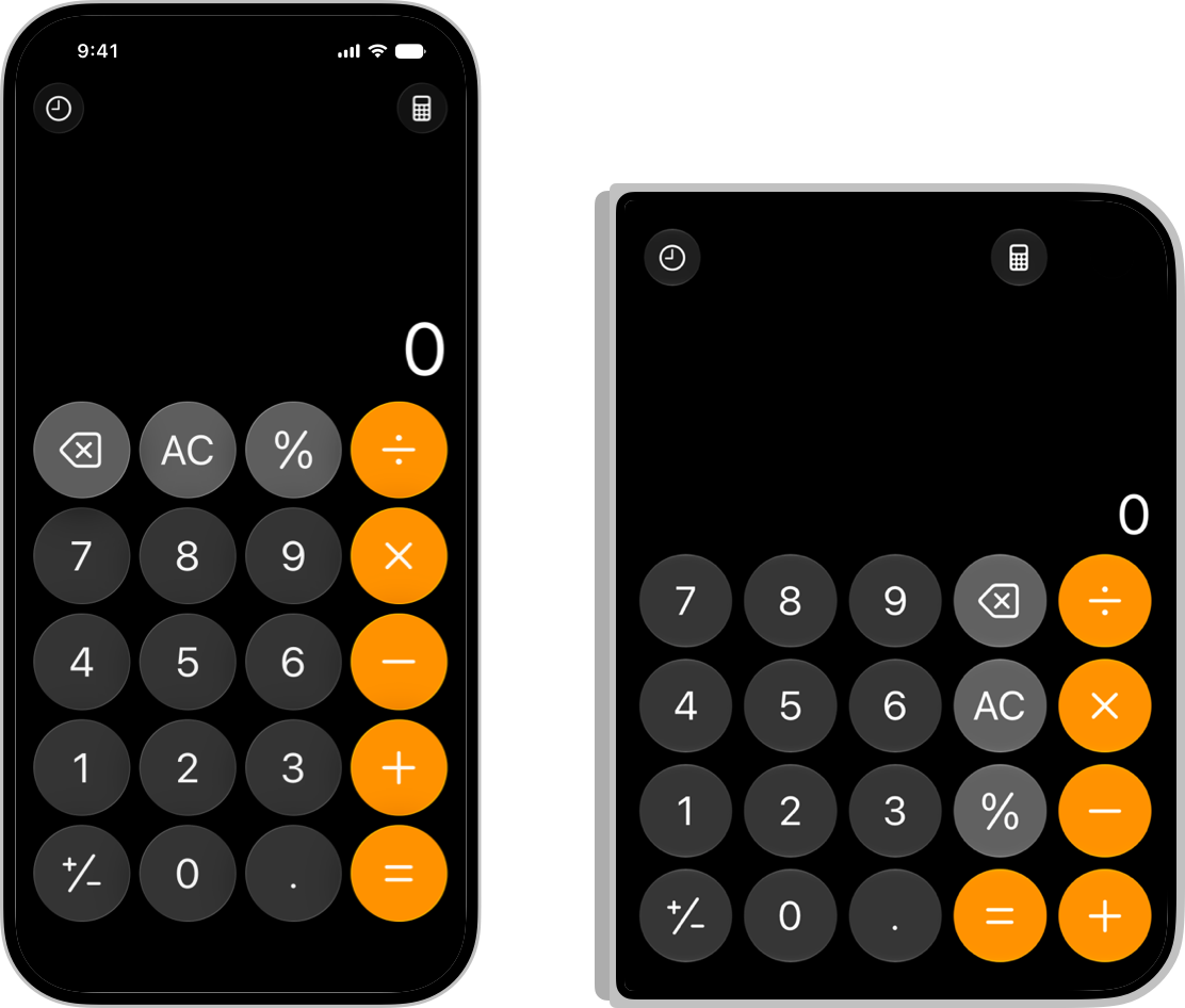 Two screenshots of Calculator side by side. On the left, on iPhone 16 in portrait, the keypad has four columns of five keys. On the right, on the outer display of iPhone Duo, it has five columns of four keys.