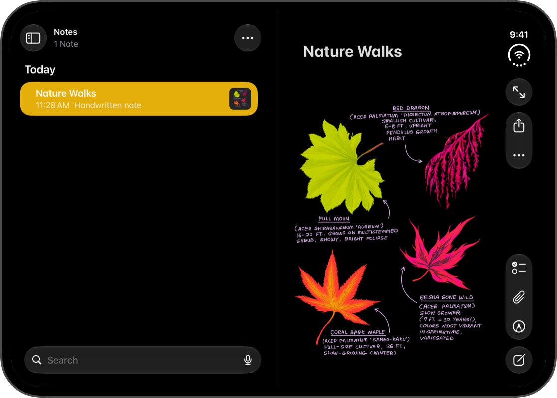 Screenshot of Notes on the inner display of iPhone Duo, partially folded. The left column shows the list of notes, the right one the contents of a note; both are the same width.