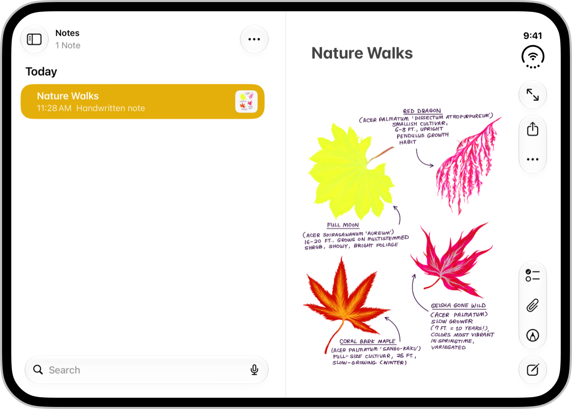 Screenshot of Notes on the inner display of iPhone Duo, partially folded. The left column shows the list of notes, the right one the contents of a note; both are the same width.