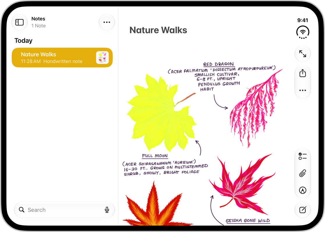 Screenshot of Notes on the inner display of iPhone Duo, fully open. The left column, the list of notes, is narrower than the right one, the contents of a note.