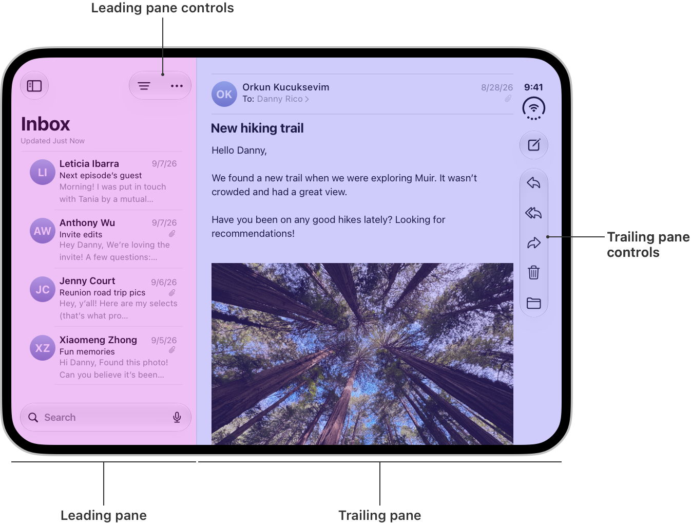 Mail on the inner display of iPhone Duo: the list of emails on the left, an open email on the right. Callouts mark the list’s controls at the top of the list, and the email’s controls set vertically along the edge.