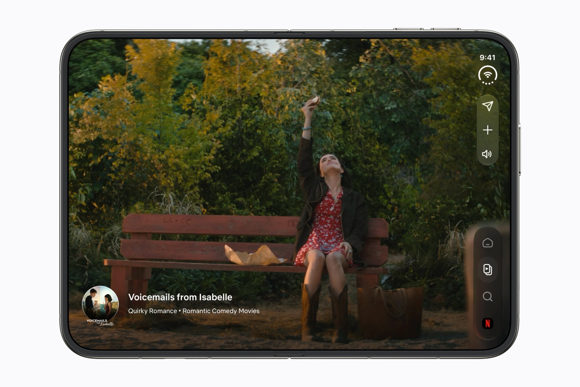 Photo of iPhone Duo open, in landscape, with the Netflix app. A film scene fills the whole screen; the controls are on the right edge. No list beside the image.