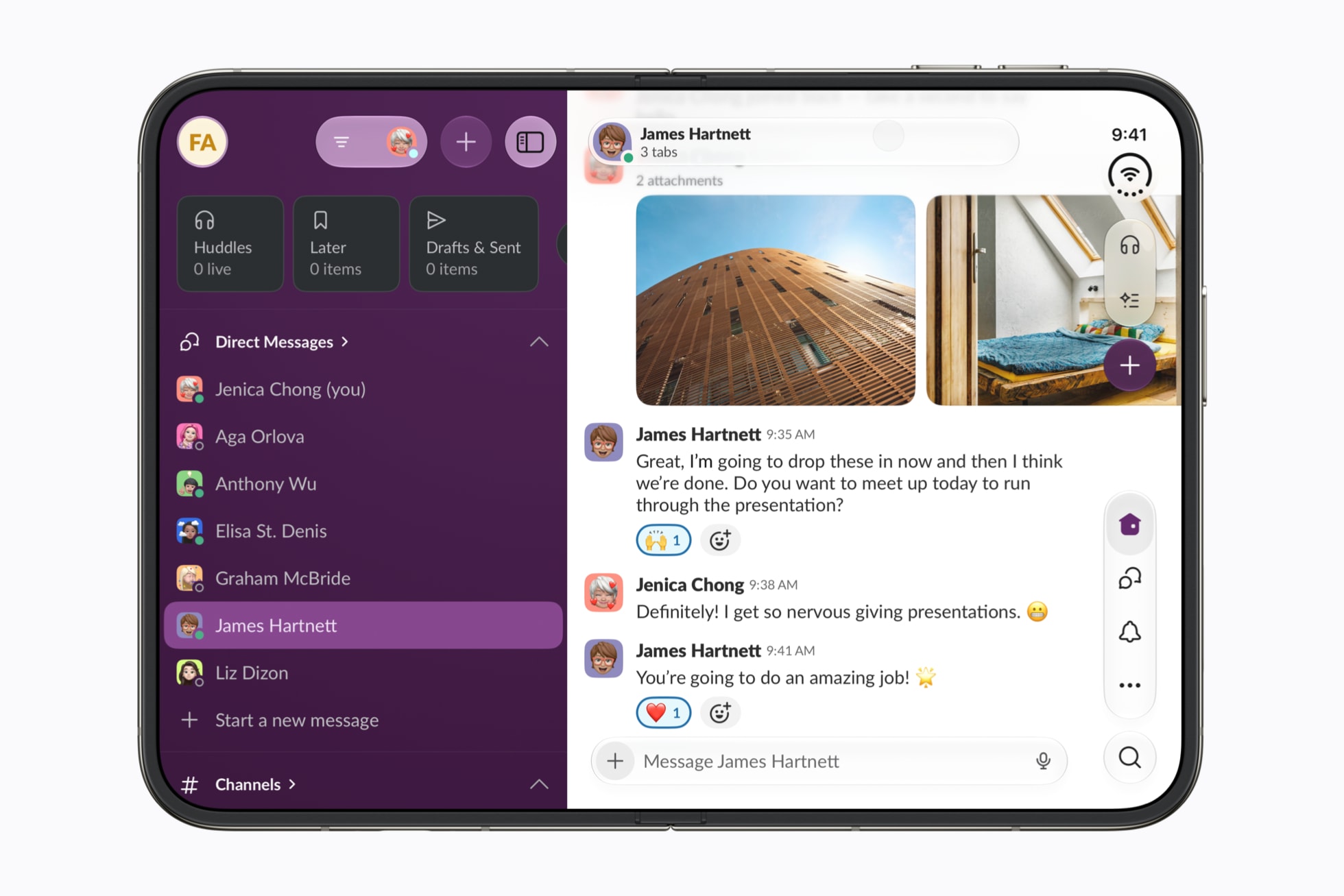Photo of iPhone Duo open, in landscape, with the Slack app in two columns: on the left, on a purple background, the list of conversations; on the right, a conversation, with its controls on the right edge.