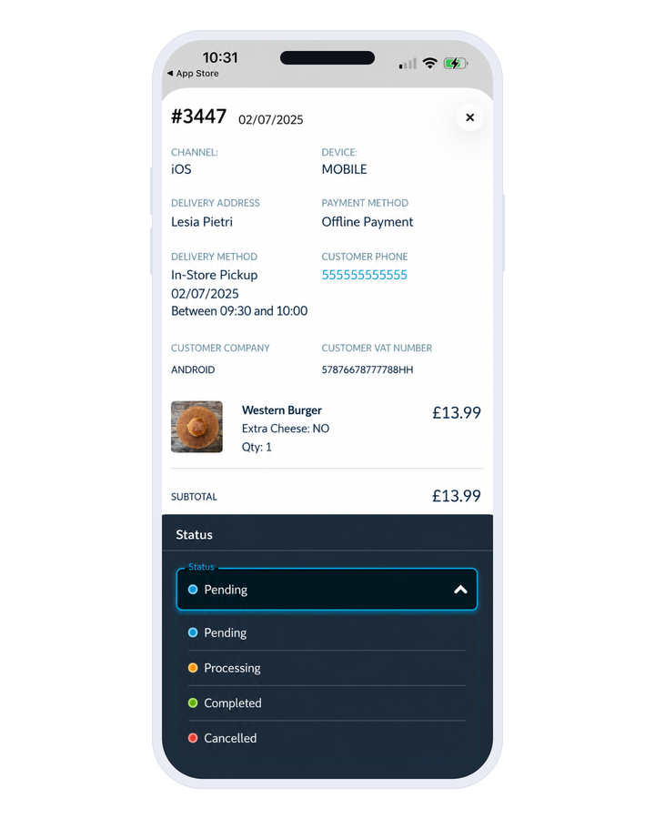 Le détail d'une commande dans Shop Companion : canal, adresse et méthode de livraison, moyen de paiement, produit commandé, et en bas la liste déroulante de statut, ouverte sur ses quatre valeurs.