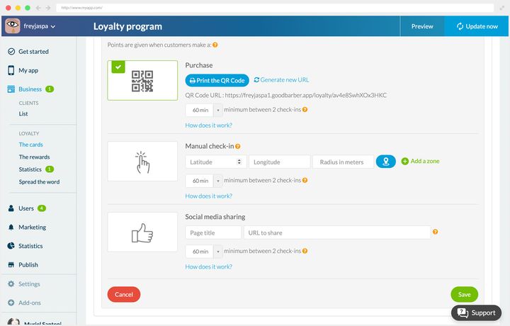 Réglage des trois modes de validation : achat par QR code, check-in manuel avec latitude, longitude et rayon, partage sur les réseaux sociaux.