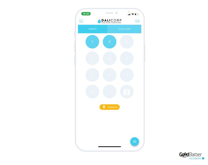 La carte de fidélité de Dali Corp dans l'app, utilisée pour les ateliers internes.