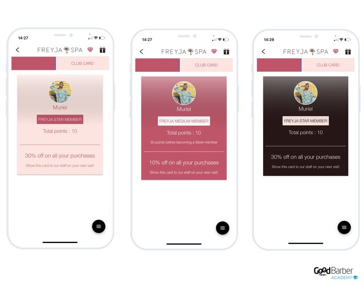 Les cartes de membre de Freyja Spa dans l'app, avec les trois statuts maison.