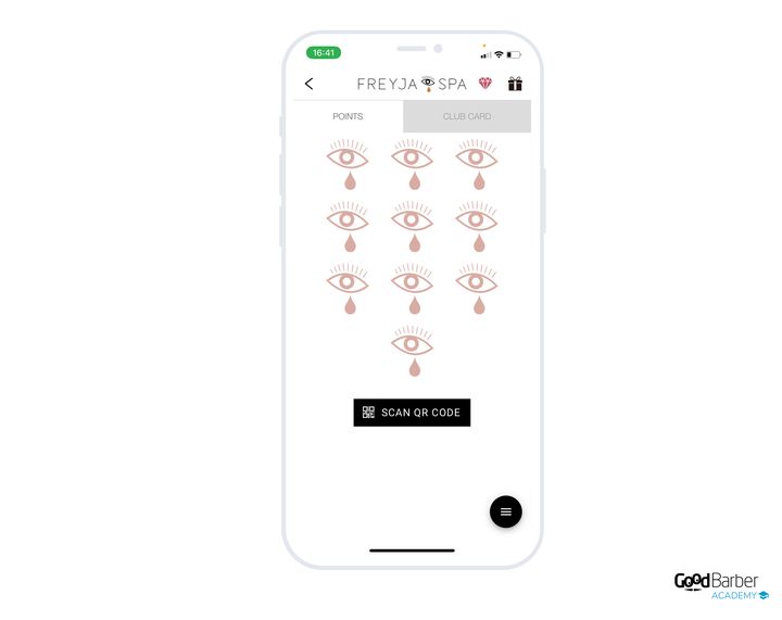 La carte de fidélité de Freyja Spa telle qu'elle apparaît dans l'app, avec les points validés et le cadeau à atteindre.