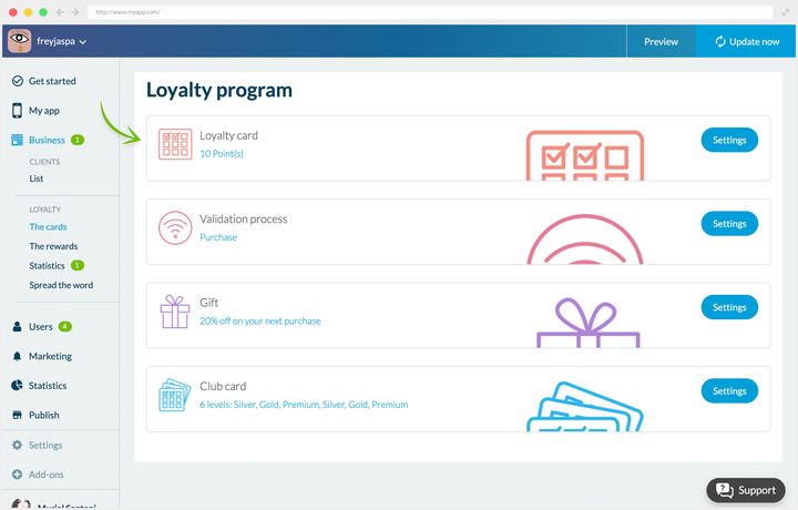 Écran Programme de fidélité du back office GoodBarber : carte de fidélité, mode de validation, cadeau et carte de membre, chacun avec son bouton de réglage.