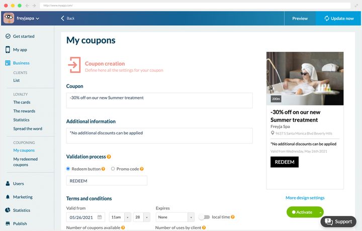 Écran de création d'un coupon dans le back office, avec le titre, les informations additionnelles et le mode de validation.
