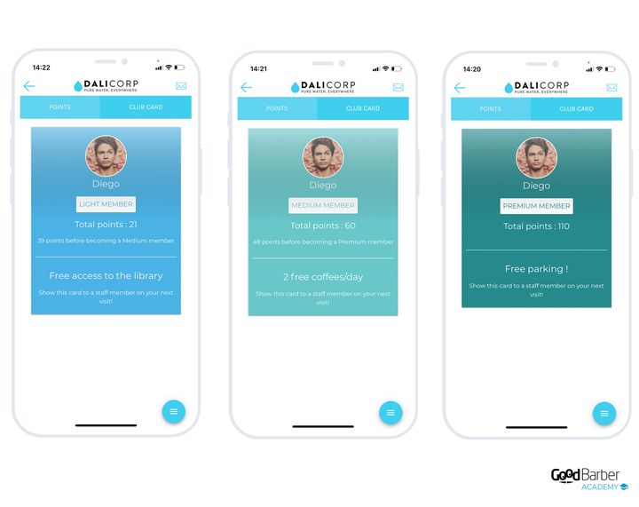 Les cartes de membre de Dali Corp dans l'app, avec les statuts réservés aux salariés.