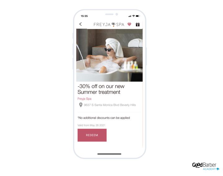 Le coupon de Freyja Spa dans l'app, avec son bouton d'activation.