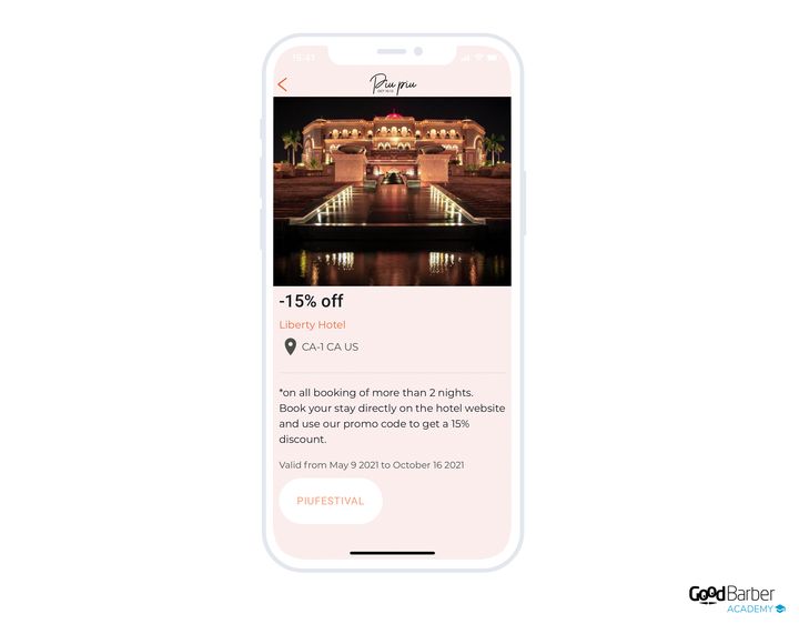 Le détail d'un coupon partenaire du festival Piu Piu, avec le montant de l'offre et l'adresse de l'établissement.