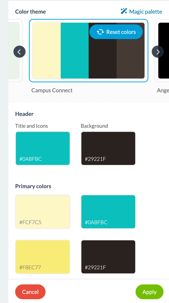 Le bloc des couleurs de l'app dans le back office. En haut, le thème en cours au milieu d'un carrousel de thèmes, avec à droite le lien qui déclenche la génération, et par-dessus la vignette un bouton pour revenir aux couleurs de départ. En dessous, les deux couleurs de l'en-tête, puis les quatre couleurs principales, chacune sur une pastille qui porte son code hexadécimal. Tout en bas, deux boutons : annuler, ou appliquer.