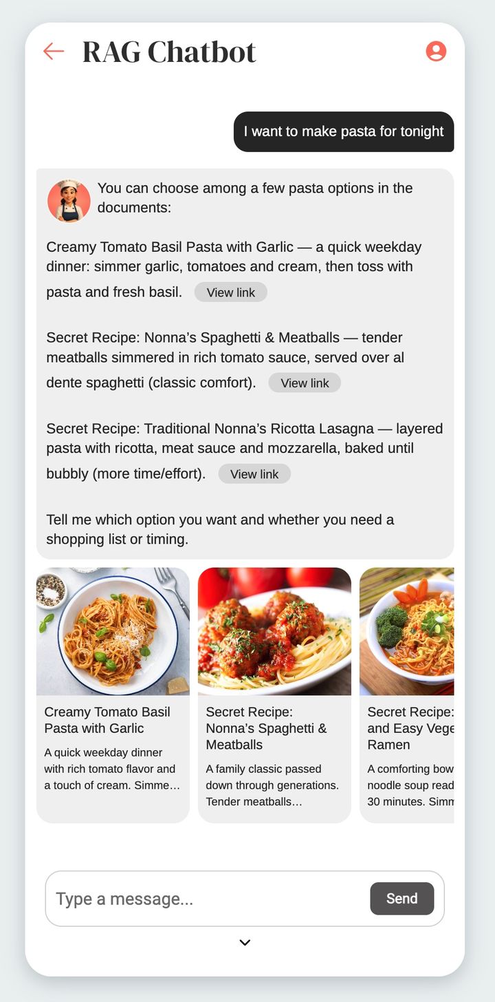 L'écran complet d'un chatbot dans une app de cuisine. En haut, le titre de la section, une flèche de retour et l'accès au compte. La question du lecteur s'affiche à droite dans une bulle sombre, la réponse suit en dessous, précédée de l'avatar de l'assistant : trois recettes proposées, chacune résumée en une ligne et suivie d'un bouton qui ouvre l'article correspondant, puis une question qui invite le lecteur à choisir. Sous la conversation, une rangée de cartes défilantes reprend les recettes utilisées comme sources, chacune avec sa photo, son titre et le début de sa description ; la troisième est coupée par le bord de l'écran, signe que la rangée se fait défiler. En bas, le champ de saisie et son bouton d'envoi.