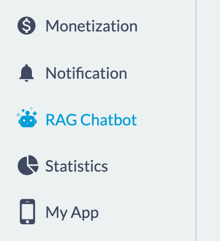 Un fragment du menu principal du back office. Entre l'entrée des notifications et celle des statistiques, une entrée dédiée au chatbot, marquée d'une icône de robot et mise en évidence parce qu'elle est ouverte.