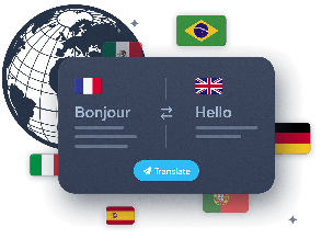 Illustration montrant un contenu en cours de traduction du français vers l'anglais, avec des icônes de langues et un globe terrestre en arrière-plan.