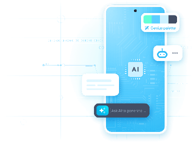 Interface stylisée d'une application mobile entourée d'éléments de conception générés par l'IA tels que du texte, un chatbot et des icônes de palette de couleurs.