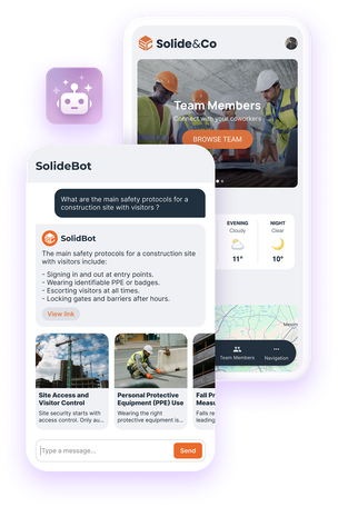 Illustration av chattgränssnittet i en mobilapplikation, som visar en användare som interagerar med en RAG Chatbot som svarar och pekar på innehåll i appen.