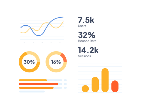 Illustration of an analytics dashboard with colorful graphs, inspired by the Google Analytics universe.
