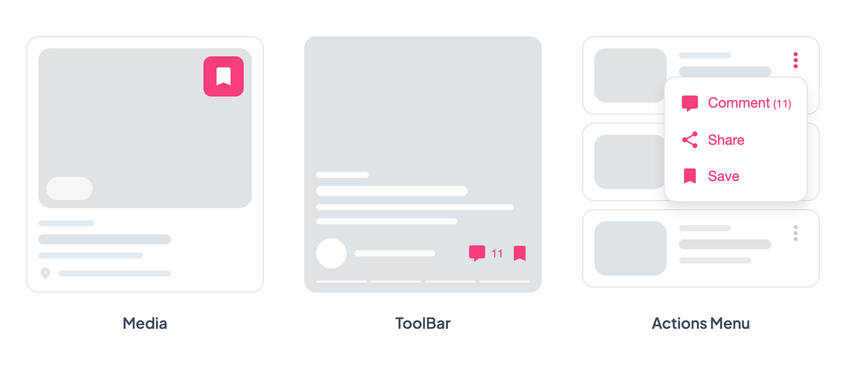 Icon alone in the media, icon and count in the ToolBar, count in the label of the Actions Menu