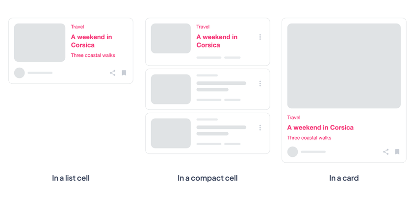 In a list cell, a compact cell and a card