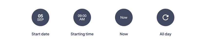 A start date, a starting time, the Now mention, and the All day icon