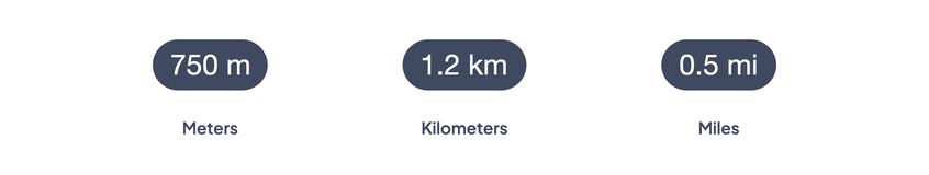 Three examples of formatting: meters, kilometers and miles