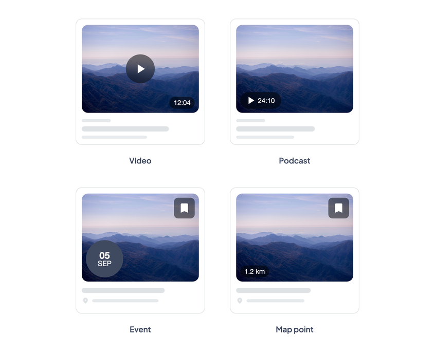 The same Media, for a video, a podcast, an event and a map point