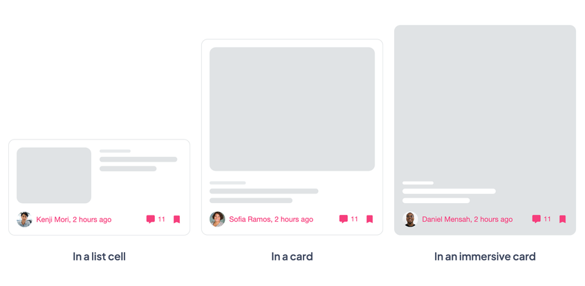 In a list cell, a card and an immersive card