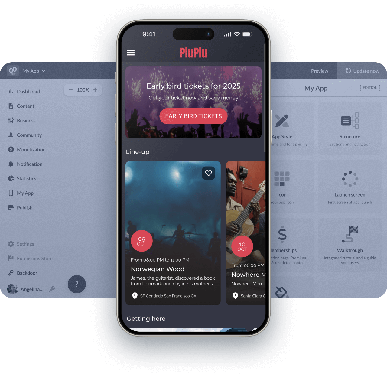 Illustratie van de interface van GoodBarber en een mobiele applicatie, die de eenvoud en toegankelijkheid van het maken van no-code applicaties laat zien.