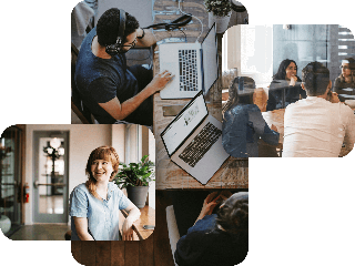 Fotografias de um empreendedor freelancer, uma reunião em uma empresa de pequeno ou médio porte e uma pessoa trabalhando em um grupo.