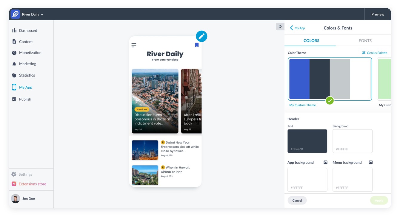 Screenshot of the GoodBarber no-code app builder