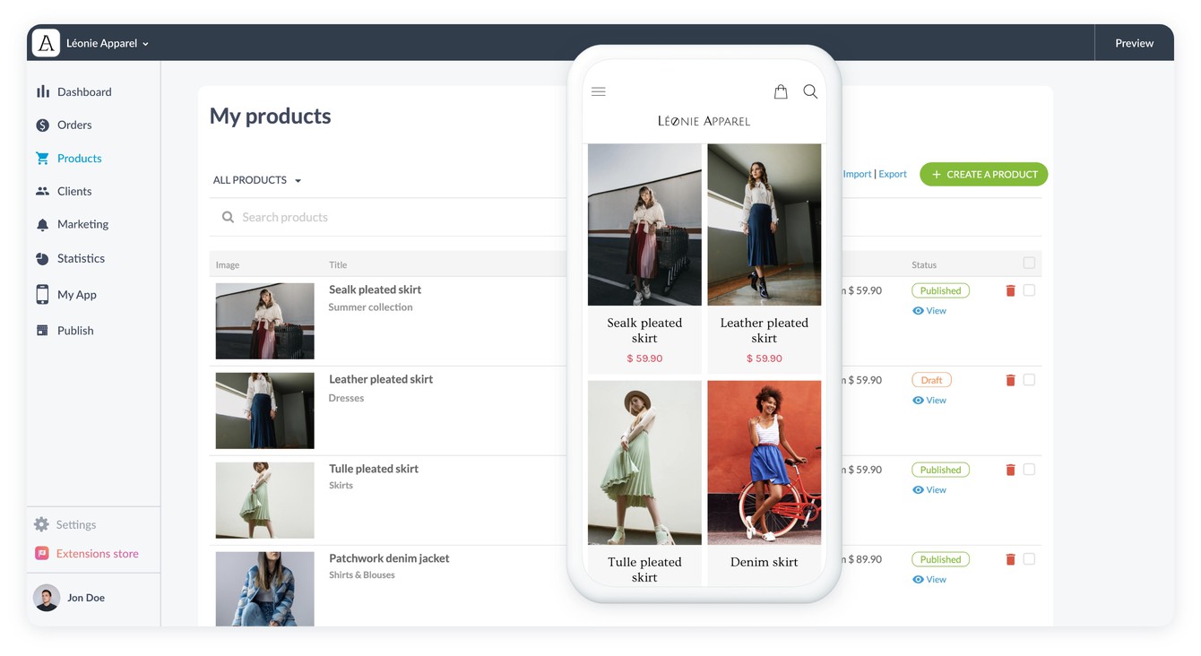 Screenshot of the eCommerce solution - product list