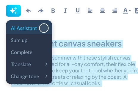 IA editorial assistant interface with text editing options: summarize, translate, complete, change tone.