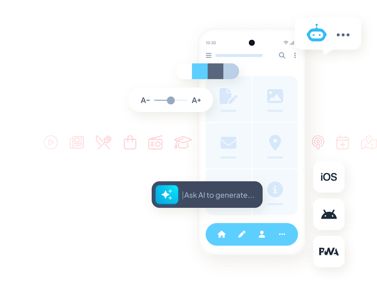 Create an app with GoodBarber: one project published as a native iOS app, a native Android app and a Progressive Web App.