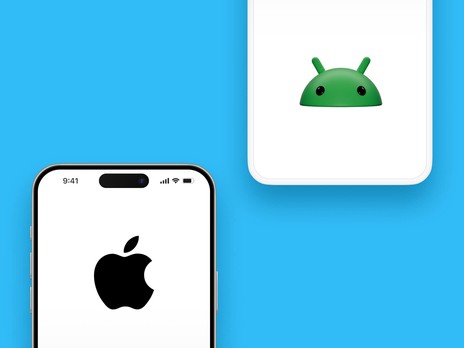 Dois smartphones escalonados, um exibindo o logotipo da Apple para iOS e o outro o logotipo do Android, ilustrando a compatibilidade dos aplicativos nativos da GoodBarber.