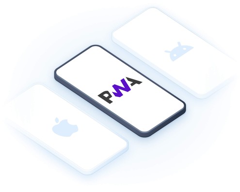 Ilustração de três smartphones representando Progressive Web Apps (PWAs) compatíveis com iOS, Android e Web, com o logotipo do PWA em destaque.