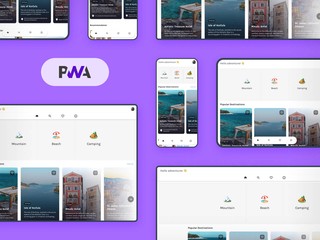 Vários dispositivos exibindo um Progressive Web App PWA com uma interface responsiva otimizada para smartphones, tablets e computadores.