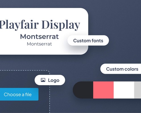 Seção de personalização mostrando opções para alterar fontes, cores e logotipo.