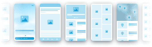 Overview of several mobile application designs displaying different page layouts.