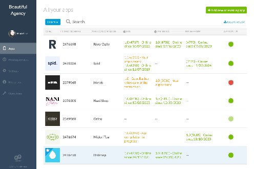 Captura de tela do painel de controle do revendedor GoodBarber para gerenciamento de aplicativos, mostrando uma lista de aplicativos com seu status e opções de edição.