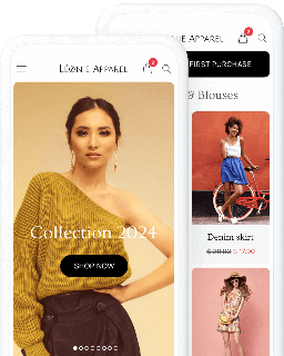 Deux smartphones présentant une application e-commerce pour la mode, avec des produits et une option d’achat en ligne.