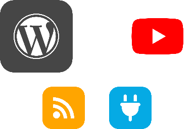 Logotipos para WordPress, YouTube, feeds RSS e conector de API, representando fontes de conteúdo externas.