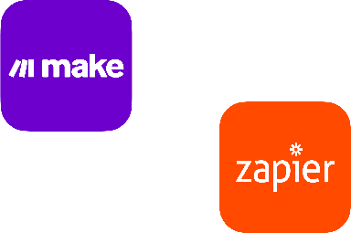 Logos of Make and Zapier, no-code automation tools.