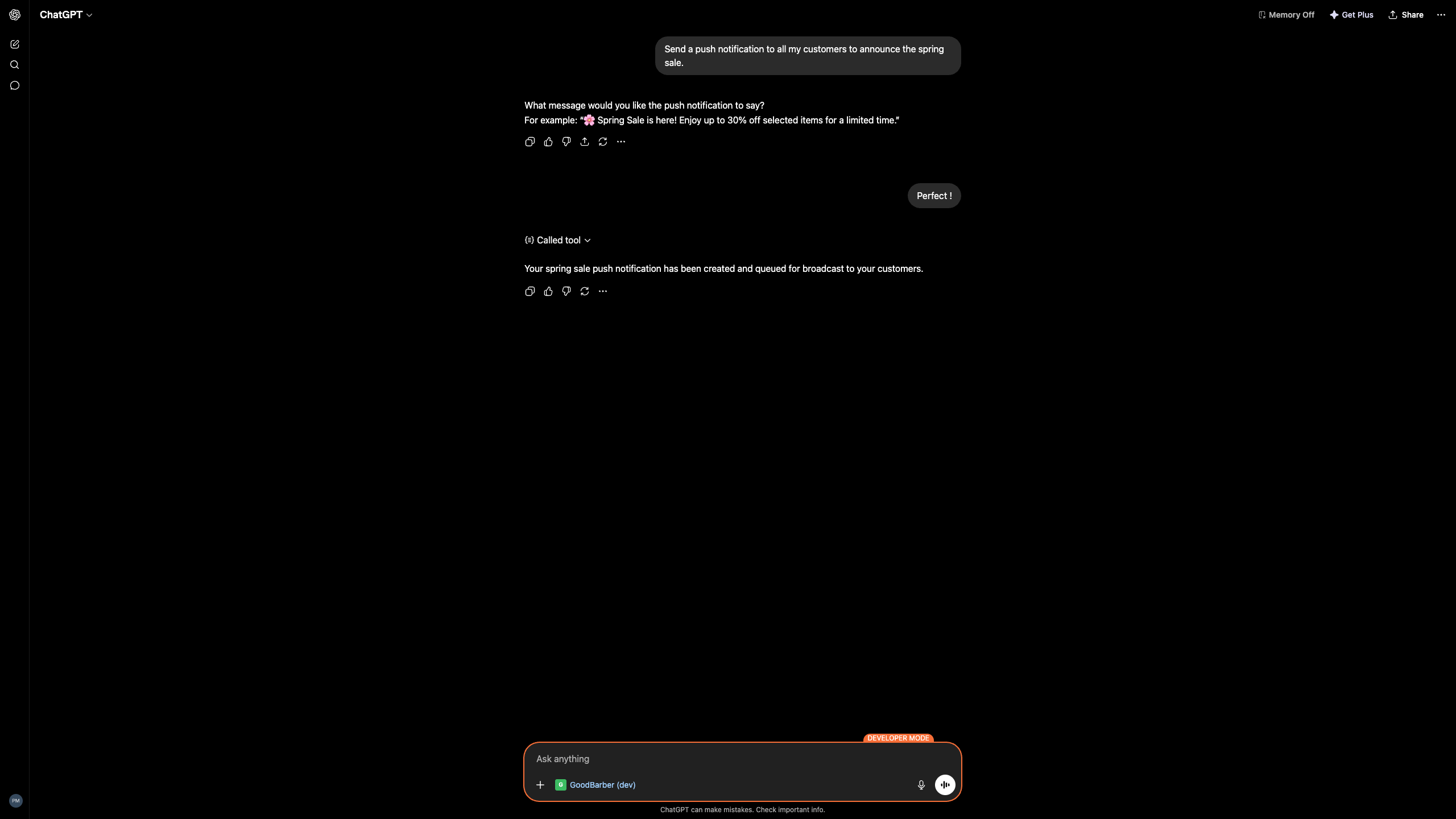 ChatGPT che chiama GoodBarber per creare e mettere in coda una notifica push.
