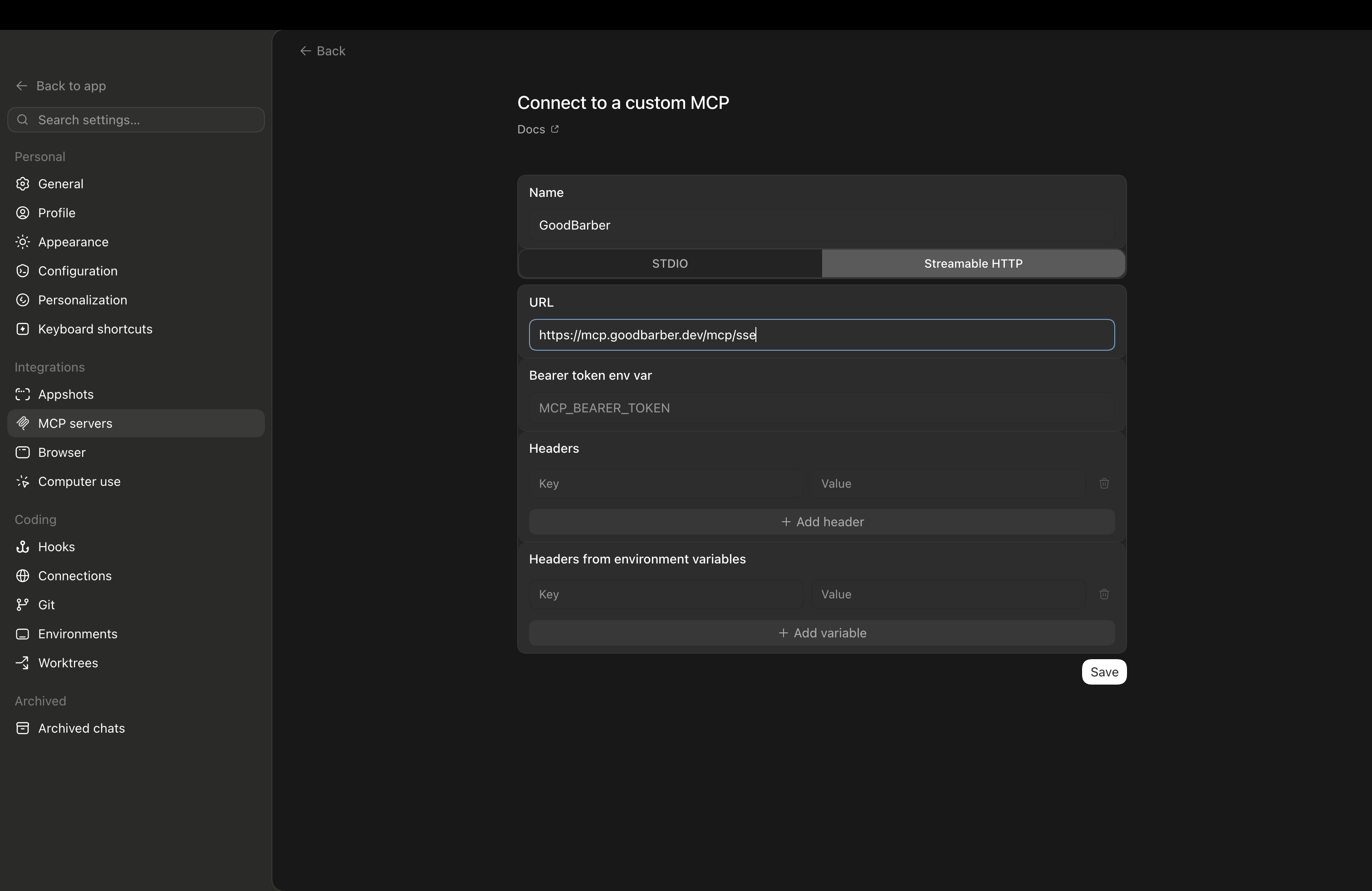 Il modulo Connect to a custom MCP: nome GoodBarber, Streamable HTTP, l'URL del server e il Bearer token lasciato vuoto.